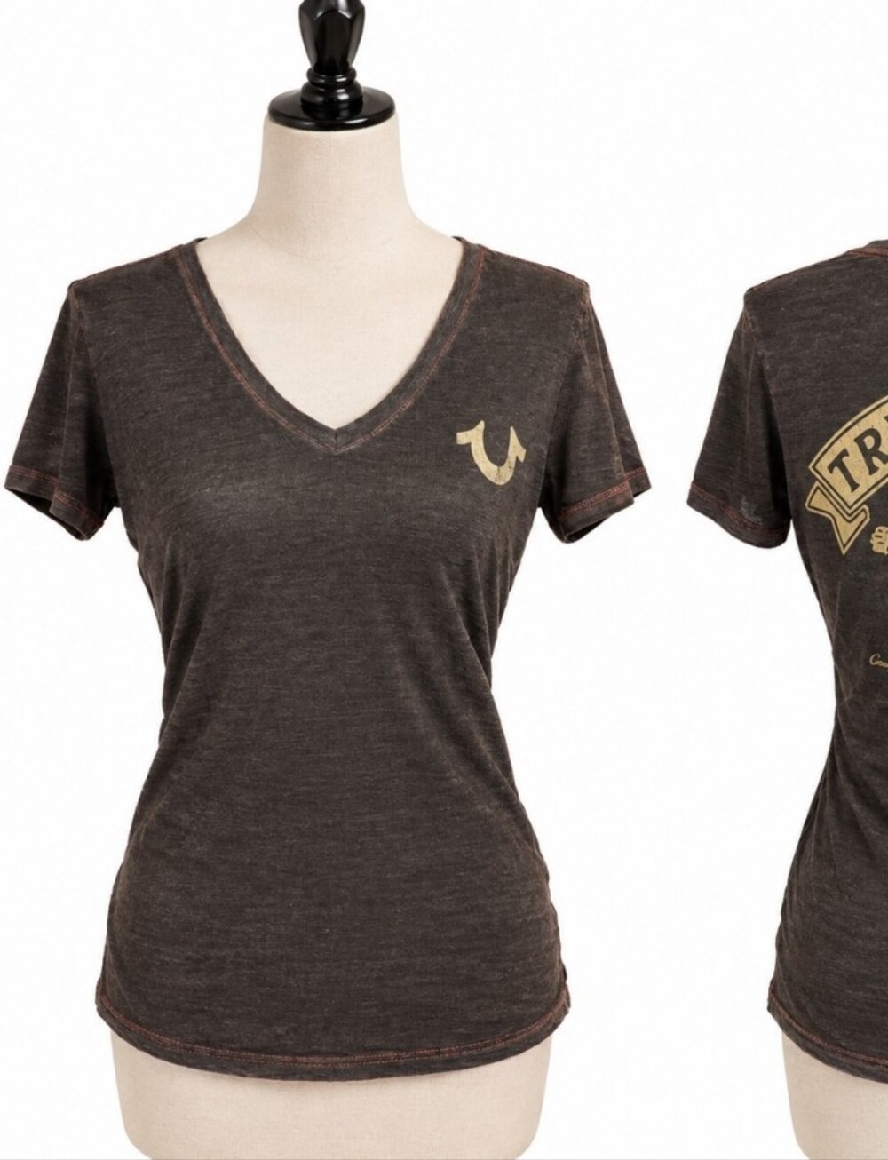 True Religion Women's Short-Sleeve V-Neck Tee with Gold Logo